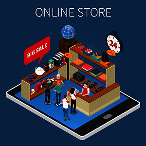 自動雜貨店購物系統(tǒng)與智能籃子自助機(jī)器人輔助技術(shù)等距成矢量插圖超市自動化技術(shù)等距成